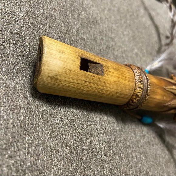 Vintage Hand Carved Wooden Flute with Leather Ties Feathers & Turquoise Beads - Picture 5 of 16